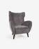 Patio armchair in grey chenille with solid natural oak legs in black